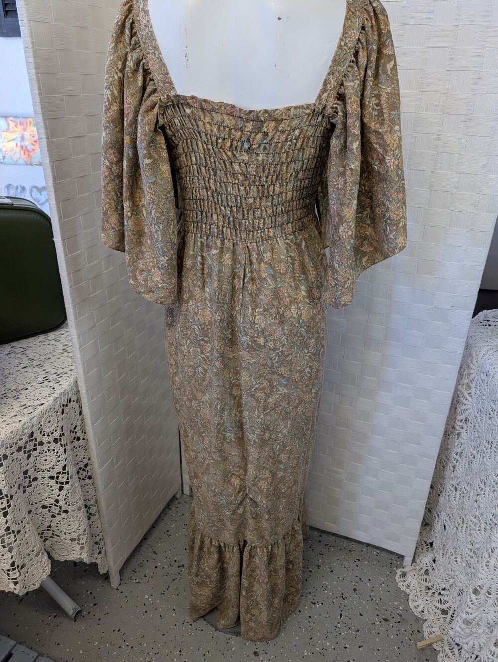 Vintage Dress Handmade Bohemian Smocked Floral Square Neck Brown Paisley XL - Picture 5 of 7